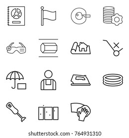 Thin line icon set : annual report, flag, cell corection, virtual mining, smart glasses, nano tube, project, do not trolley sign, insurance, workman, iron, inflatable pool, blender, clean window