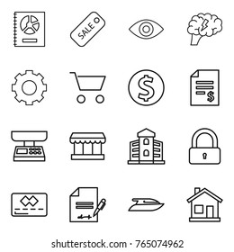 Thin line icon set : annual report, sale, eye, brain, gear, cart, dollar coin, account balance, market scales, building, lock, credit card, inventory, yacht, home