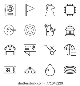 Thin line icon set : annual report, flag, chess horse, chip, cell corection, round around, cleanser, goverment house, barn, location details, do not trolley sign, insurance, ticket, tent, drop