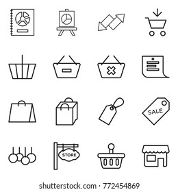 Thin line icon set : annual report, presentation, up down arrow, add to cart, basket, remove from, delete, shopping list, bag, label, sale, store signboard, shop