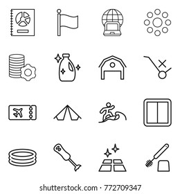 Thin line icon set : annual report, flag, notebook globe, round around, virtual mining, cleanser, barn, do not trolley sign, ticket, tent, surfer, power switch, inflatable pool, blender, clean floor