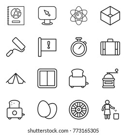 Thin line icon set : annual report, monitor arrow, atom, box, repair, important flag, stopwatch, suitcase, tent, power switch, toaster, hand mill, eggs, wheel, garbage bin