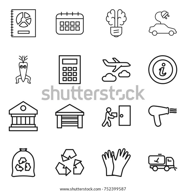 thin\
line icon set : annual report, calendar, bulb brain, electric car,\
dna modify, calculator, journey, info, library, garage, courier\
delivery, hair dryer, garbage bag, recycling,\
gloves