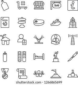 Thin Line Icon Set - antenna vector, pedestal, medal, document reload, contract, scalpel, patient, signpost, store, client, sea shipping, no trolley, office building, book, sold signboard, bedroom