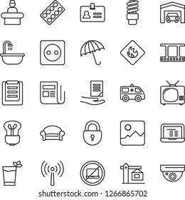 Thin Line Icon Set - antenna vector, umbrella, no laptop, waiting area, reception, identity, lock, notebook pc, document, pills blister, ambulance car, clipboard, flammable, film frame, news, garage