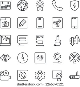 Thin Line Icon Set - antenna vector, cell phone, back, call, message, protect, settings, themes, clock, scanner, sd, network, notes, data exchange, brightness, cut, compass, eye id, fingerprint
