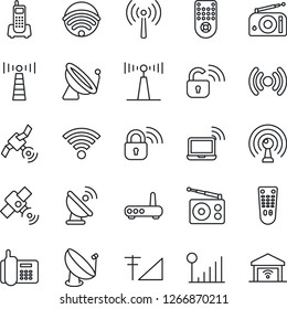 Thin Line Icon Set - antenna vector, satellite, wireless notebook, office phone, radio, remote control, cellular signal, lock, router, garage gate