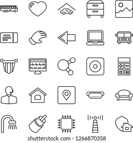 Thin Line Icon Set - antenna vector, airport bus, waiting area, ticket, left arrow, calculator, pennant, glove, monitor pulse, laptop pc, share, heart, rec button, rca, gallery, place tag, support