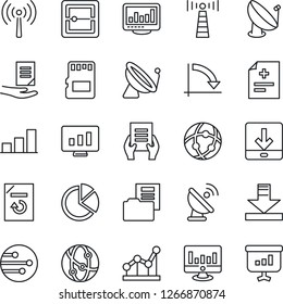 Thin Line Icon Set - antenna vector, satellite, crisis graph, document, statistic monitor, reload, diagnosis, network, scanner, sd, download, statistics, bar, pie, folder, point, presentation