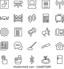 Thin Line Icon Set - antenna vector, luggage storage, gear, calculator, document, hoe, pond, receipt, microphone, loudspeaker, tv, touch screen, dialog, data exchange, bluetooth, face id, music