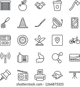 Thin Line Icon Set - antenna vector, satellite, border cone, mobile phone, coffee, stamp, printer, garden fork, axe, scalpel, bike, stomach, plane, office, radio, share, paper pin, stopwatch