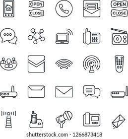 Thin Line Icon Set - antenna vector, phone, wireless notebook, mail, office, microphone, radio, remote control, dialog, share, company, open close, router, intercome, home app