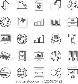 Thin Line Icon Set - antenna vector, office binder, crisis graph, document, reload, folder, barcode, network, share, scanner, data exchange, monitor statistics, bar, pie, archive box, wireless