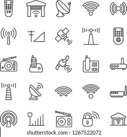 Thin Line Icon Set - antenna vector, satellite, radio, remote control, phone, wireless, cellular signal, lock, router, garage gate