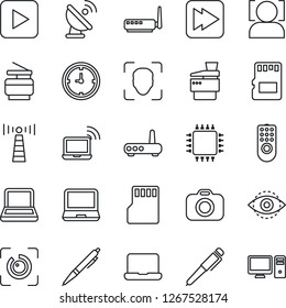 Thin Line Icon Set - antenna vector, wireless notebook, clock, satellite, camera, laptop pc, play button, fast forward, sd, face id, eye, copier, pen, chip, remote control, router