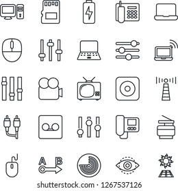 Thin Line Icon Set - antenna vector, wireless notebook, radar, mouse, pc, route, settings, video camera, rec button, rca, tuning, record, sd, eye id, charge, office phone, copier, tv, intercome