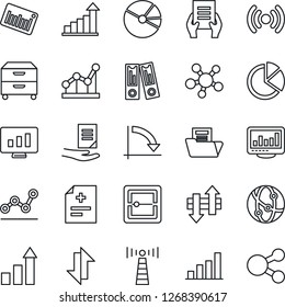 Thin Line Icon Set - antenna vector, growth statistic, office binder, crisis graph, document, monitor, diagnosis, barcode, network, share, scanner, data exchange, statistics, bar, pie, folder, point