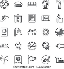 Thin Line Icon Set - antenna vector, taxi, parking, spoon and fork, 24 around, passport control, security gate, automatic door, escalator, no smoking, waiting area, baby, room, globe, shower, sun