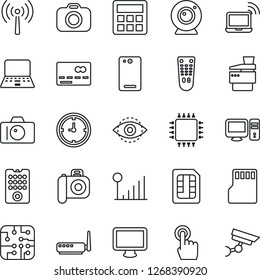 Thin Line Icon Set - antenna vector, credit card, wireless notebook, camera, pc, clock, remote control, touch screen, monitor, phone back, calculator, sd, sim, eye id, cellular signal, copier, chip