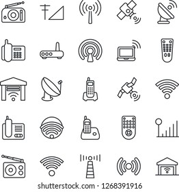 Thin Line Icon Set - antenna vector, wireless notebook, office phone, satellite, radio, remote control, cellular signal, router, garage gate