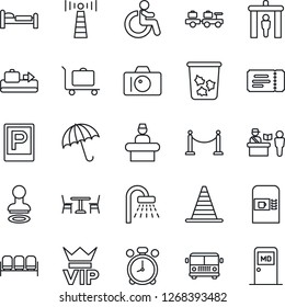 Thin Line Icon Set - antenna vector, fence, baggage conveyor, trolley, airport bus, parking, cafe, coffee machine, passport control, security gate, umbrella, alarm clock, trash bin, waiting area
