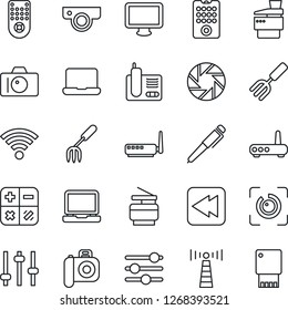 Thin Line Icon Set - antenna vector, camera, calculator, garden fork, remote control, monitor, laptop pc, radio phone, rewind, mobile, tuning, wireless, eye id, notebook, copier, pen, router, web