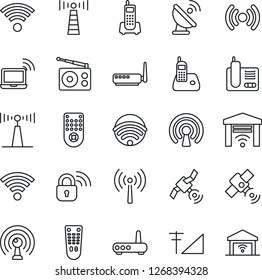 Thin Line Icon Set - antenna vector, wireless notebook, office phone, satellite, radio, remote control, cellular signal, lock, router, garage gate