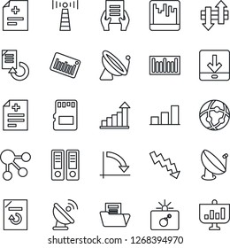 Thin Line Icon Set - antenna vector, satellite, bomb in case, growth statistic, office binder, crisis graph, document, reload, diagnosis, barcode, scanner, sd, network, data exchange, download, bar