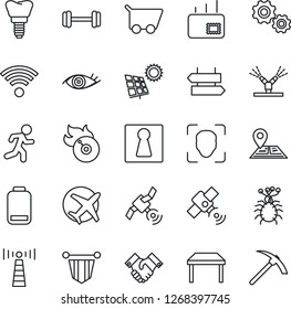 Thin Line Icon Set - antenna vector, signpost, female, pennant, barbell, run, implant, eye, virus, navigation, plane, flame disk, satellite, low battery, face id, handshake, mail, sun panel, table