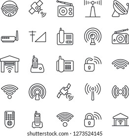 Thin Line Icon Set - antenna vector, satellite, office phone, radio, remote control, wireless, cellular signal, lock, router, garage gate