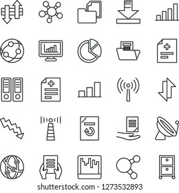 Thin Line Icon Set - antenna vector, satellite, office binder, crisis graph, document, reload, diagnosis, folder, network, share, scanner, data exchange, download, monitor statistics, bar, pie