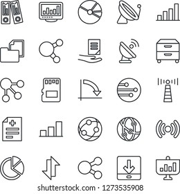 Thin Line Icon Set - antenna vector, satellite, office binder, crisis graph, document, diagnosis, folder, network, share, sd, data exchange, download, monitor statistics, bar, pie, archive box