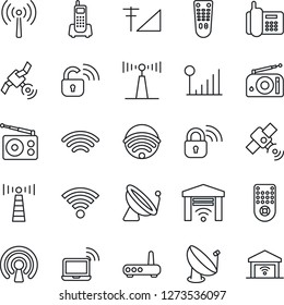 Thin Line Icon Set - antenna vector, satellite, wireless notebook, office phone, radio, remote control, cellular signal, lock, router, garage gate