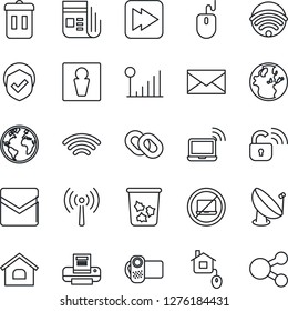 Thin Line Icon Set - antenna vector, no laptop, trash bin, male, wireless notebook, mail, mouse, earth, shield, satellite, news, video camera, chain, fast forward, cellular signal, printer, house