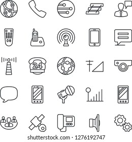 Thin Line Icon Set - antenna vector, mobile phone, speaking man, satellite, 24 hours, microphone, speaker, remote control, network, radio, call, message, cellular signal, company, paper tray, gear