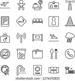 Thin Line Icon Set - antenna vector, fence, departure, arrival, suitcase, parking, spoon and fork, automatic door, phone, no laptop, smoking place, trash bin, female, waiting area, bomb in case