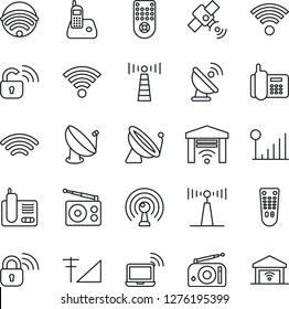 Thin Line Icon Set - antenna vector, satellite, wireless notebook, office phone, radio, remote control, cellular signal, lock, garage gate