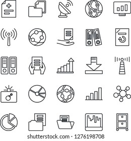 Thin Line Icon Set - antenna vector, bomb in case, growth statistic, office binder, document, monitor, reload, diagnosis, folder, satellite, network, share, scanner, download, bar graph, pie