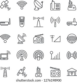 Thin Line Icon Set - antenna vector, wireless notebook, office phone, satellite, radio, remote control, cellular signal, router, garage gate