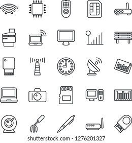 Thin Line Icon Set - antenna vector, wireless notebook, camera, garden fork, bench, clock, barcode, satellite, monitor, laptop pc, sd, sim, cellular signal, copier, pen, chip, remote control, router