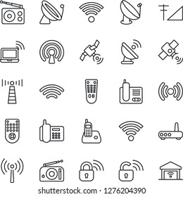 Thin Line Icon Set - antenna vector, satellite, wireless notebook, office phone, radio, remote control, cellular signal, lock, router, garage gate