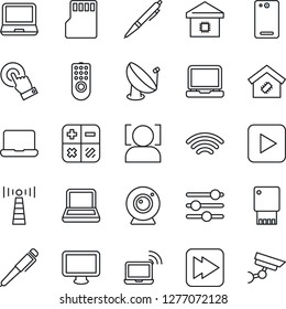 Thin Line Icon Set - antenna vector, wireless notebook, calculator, satellite, touch screen, monitor, laptop pc, play button, fast forward, phone back, tuning, sd, face id, pen, smart home