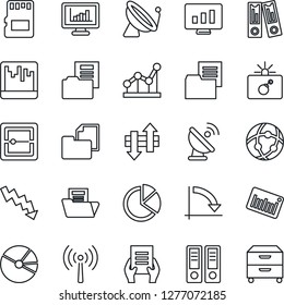 Thin Line Icon Set - antenna vector, satellite, bomb in case, office binder, crisis graph, document, statistic monitor, folder, barcode, scanner, sd, network, data exchange, statistics, pie, point