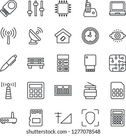 Thin Line Icon Set - antenna vector, calculator, pen, bench, clock, barcode, satellite, laptop pc, radio phone, tuning, sd, sim, face id, eye, cellular signal, copier, smart home, chip, router