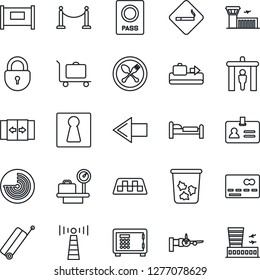 Thin Line Icon Set - antenna vector, fence, taxi, suitcase, baggage conveyor, trolley, spoon and fork, security gate, automatic door, smoking place, trash bin, female, credit card, passport, bed