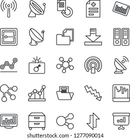 Thin Line Icon Set - antenna vector, satellite, bomb in case, office binder, crisis graph, document reload, diagnosis, folder, barcode, share, scanner, data exchange, download, monitor statistics