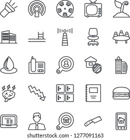 Thin Line Icon Set - antenna vector, checkroom, office chair, notebook pc, crisis graph, brainstorm, meeting, sproute, water drop, reel, tv, radio phone, torch, copybook, pool, building, client