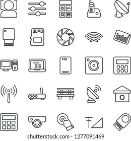 Thin Line Icon Set - antenna vector, calculator, notebook pc, bench, barcode, satellite, touch screen, radio phone, back, mobile camera, tuning, sd, wireless, face id, cellular signal, smart home