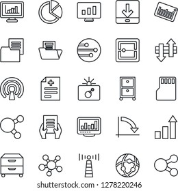 Thin Line Icon Set - antenna vector, bomb in case, growth statistic, crisis graph, document, monitor, diagnosis, folder, barcode, share, scanner, sd, network, data exchange, download, statistics