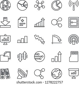 Thin Line Icon Set - antenna vector, satellite, growth statistic, office binder, crisis graph, diagnosis, folder document, network, share, scanner, sd, data exchange, download, bar, pie, wireless